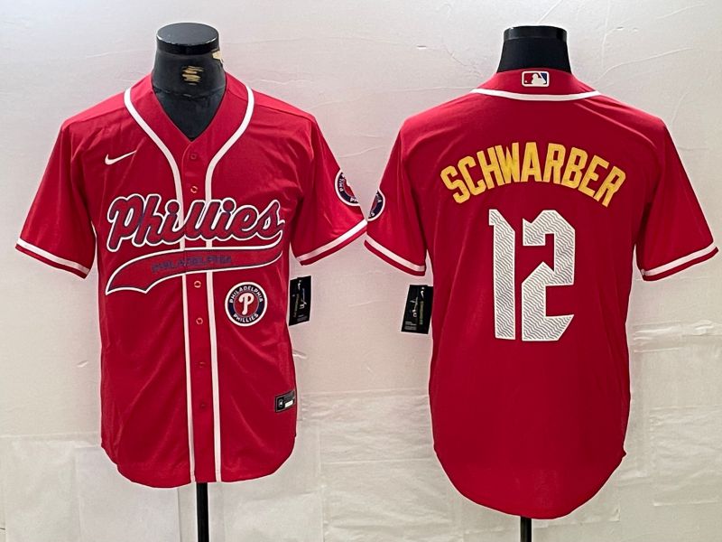 Men Philadelphia Phillies 12 Schwarber Red Jointly 2024 Nike MLB Jersey style 2